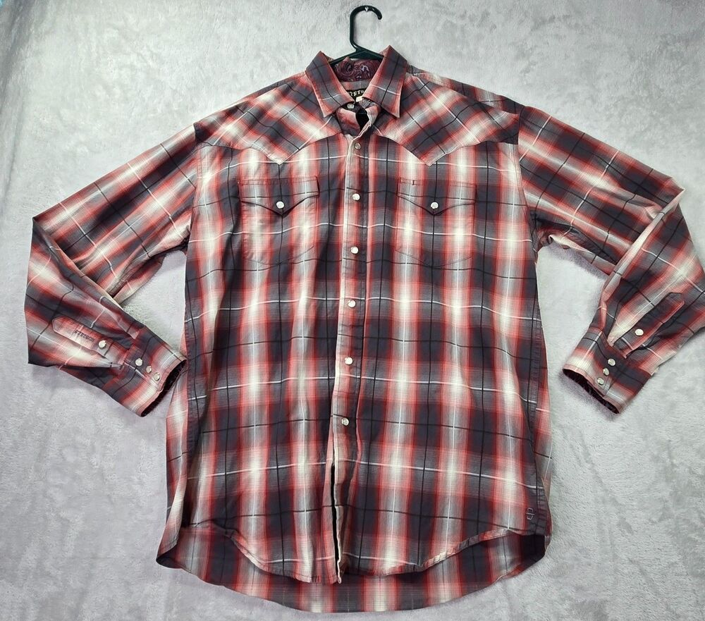 Stetson Pearl Snap Shirt Men's Large Red Plaid Flip Cuff Western Cowboy Cotton